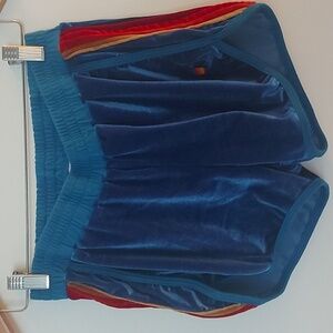 Aviator Nation Blue Velour Shorts With Rainbow Stripe At Sides Size XL